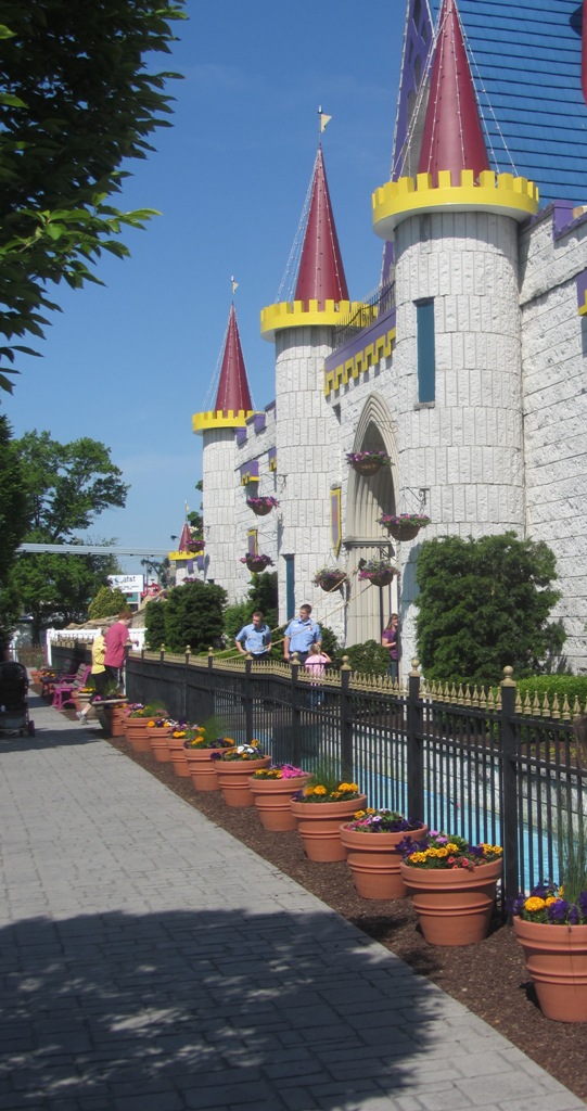 Dutch Wonderland castle entrance with red and yellow turrets in Lancaster PA