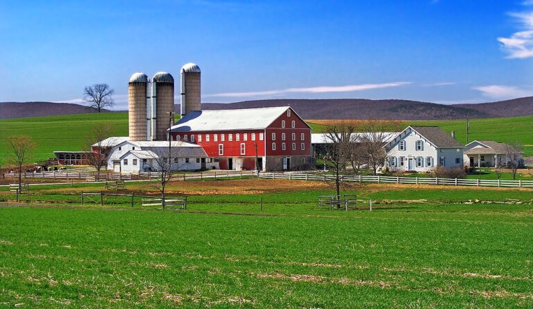 Lancaster County Pennsylvania farmland with red barn, silos and farmhouse
